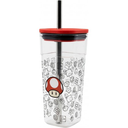 Vaso Cube Alto de plástico con Pajita de Acero Inoxidable - 540 ml de Super Mario