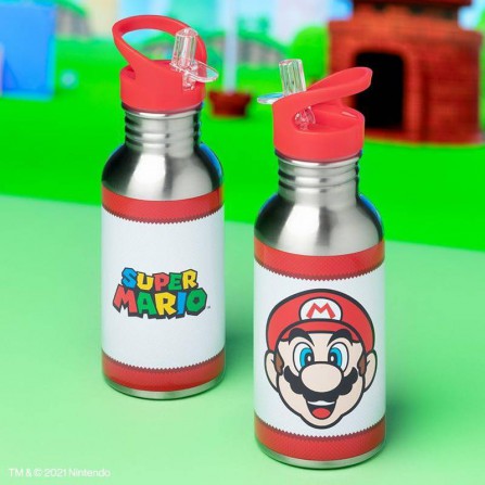 Botella metalica con pajita super mario